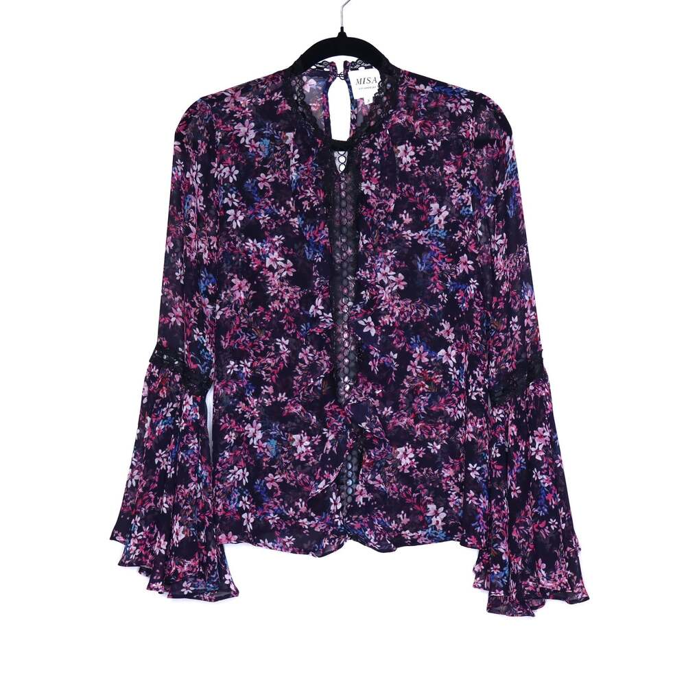 MISA Los Angeles Divya Top Floral Purple Printed Bell Sleeves Blouse Women's S